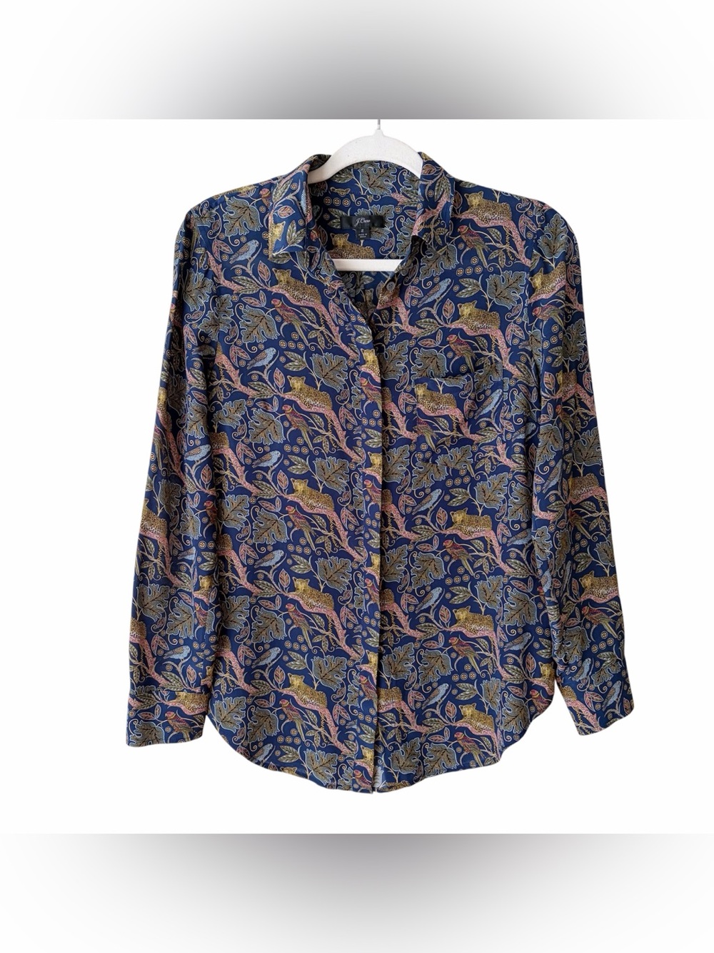 J. Crew | Silk Button Up Shirt Top Botanical Cheetah Jungle Navy Blue Size 2